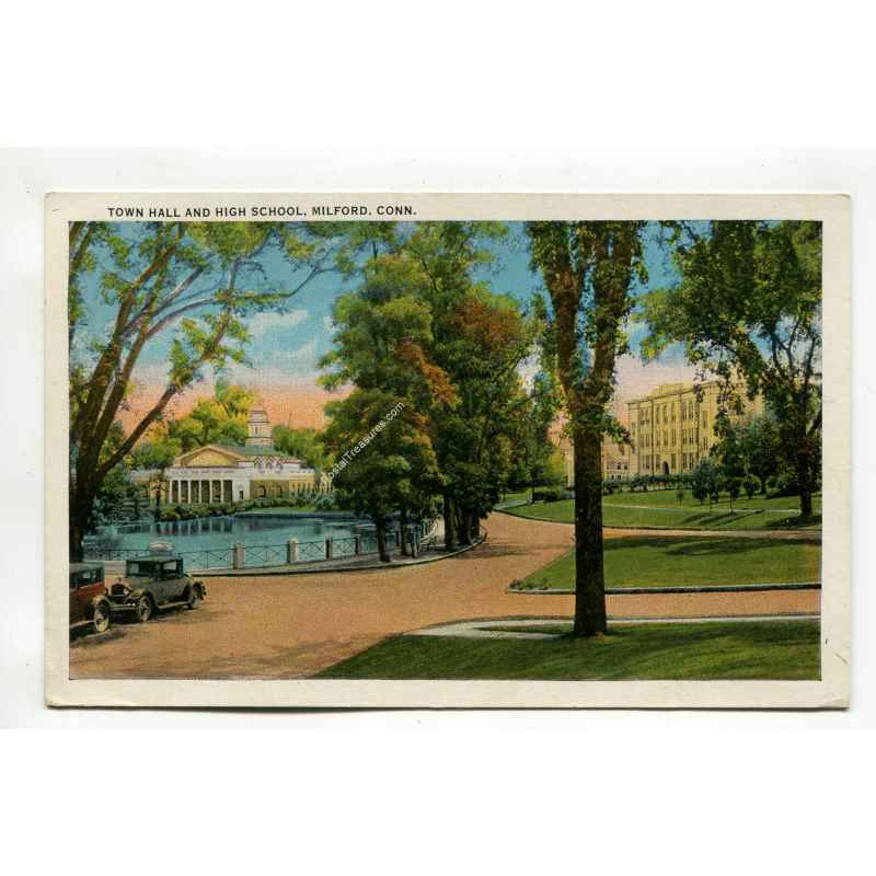 Town Hall and High School Milford Connecticut postcard