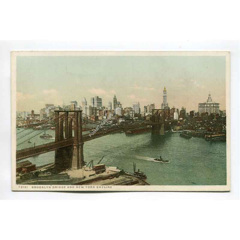 Brooklyn Bridge And New York Skyline Vintage Postcard