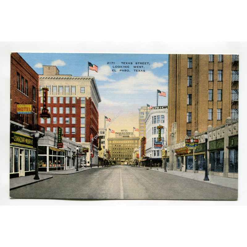 Texas Street Looking West El Paso Texas Vintage Postcard