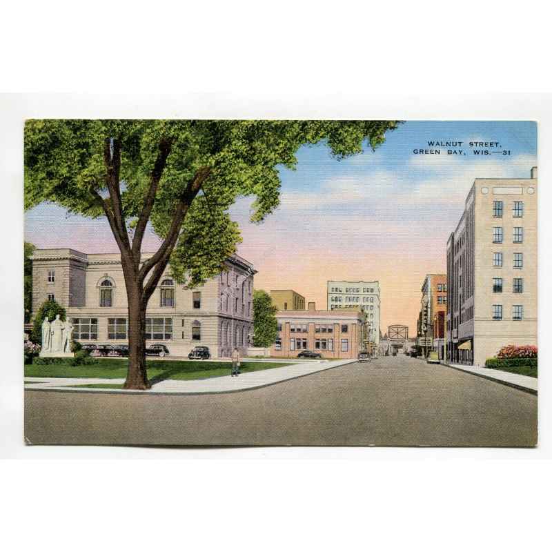 Walnut Street Green Bay Wisconsin vintage postcard